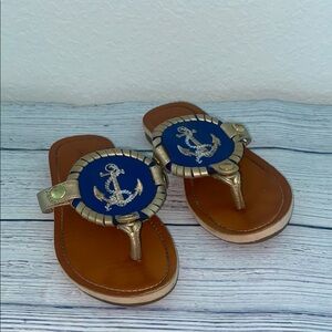 Blue and Gold Nautical Sandals with Anchor Medallion